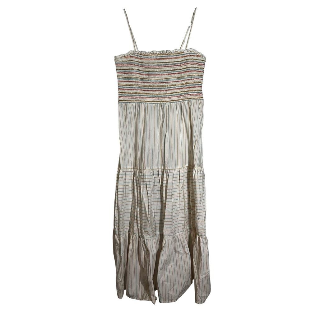 American Eagle Striped Smocked Tiered Midi Dress Boho Cotton White Multi Sz XL
